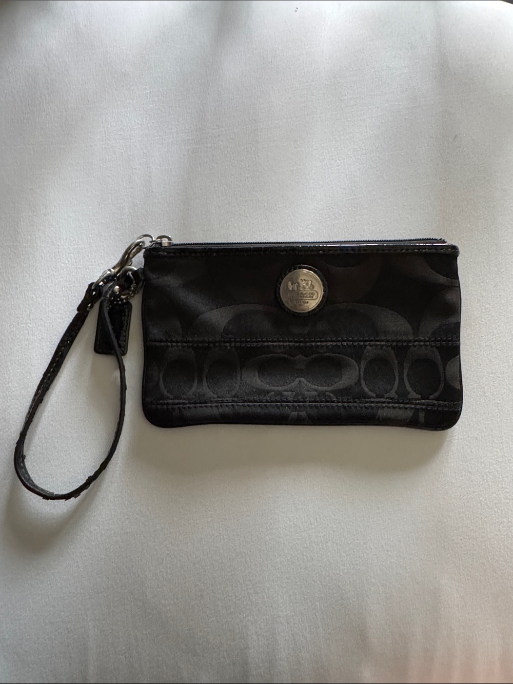 Coach Black Signature Wristlet Clutch with Silver Medallion